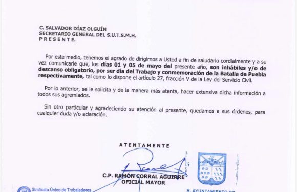 AVISO DE DÍAS INHÁBILES 01 Y 05 DE MAYO 2026