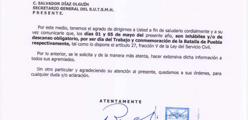 AVISO DE DÍAS INHÁBILES 01 Y 05 DE MAYO 2026