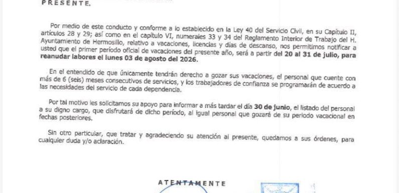 AVISO DEL PRIMER PERIODO VACACIONAL DEL 20 AL 31 DE JULIO 2026