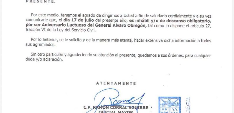 AVISO DEL DIA INHÁBIL 17 DE JULIO DE 2026