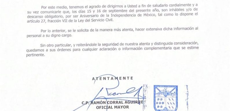 AVISO DE DÍAS INHÁBILES MES DE SEPTIEMBRE