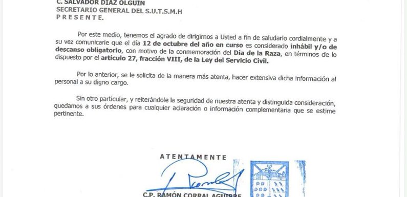 AVISO DEL DIA INHÁBIL 12 DE OCTUBRE DE 2026