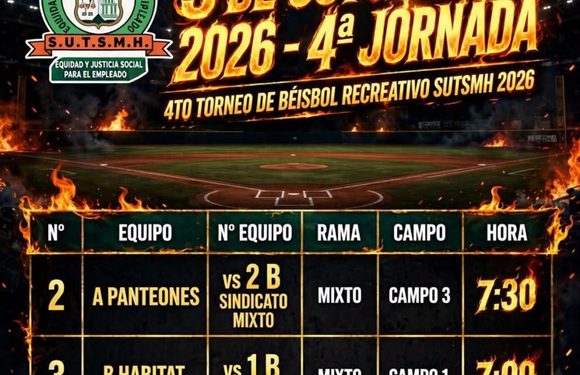 4TO. TORNEO DE BÉISBOL RECREATIVO SUTSMH 2026, ROL DE JUEGO JORNADA DEL 05 DE OCTUBRE